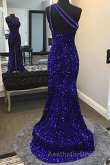 Sparkly Royal Blue Sequins One Shoulder Long Evening Prom