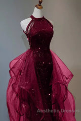 Sparkly Sheath Burgundy Sequin Long Evening Prom Dresses Party Dresses