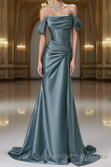 Steel Blue Silk Evening Prom Dresses - Corset Back Evening Prom Dresses with Off-the-Shoulder Design Plus Size