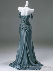 Steel Blue Silk Evening Prom Dresses - Corset Back Wedding Dresses with Off-the-Shoulder Design Plus Size