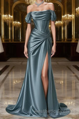 Steel Blue Silk Evening Prom Dresses - Corset Back Wedding Dresses with Off-the-Shoulder Design Plus Size