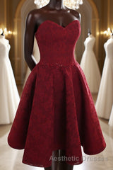 Strapless Backless Burgundy Lace Short Evening Prom Dresses, Short Burgundy Lace Homecoming Dresses