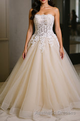 Strapless Champagne Long Evening Prom Dresses with Lace Appliques, Champagne Lace Formal Evening Dresses
