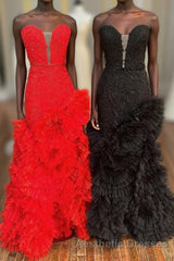 Strapless Cut-Out Back Ruffle Layers Mermaid Evening Prom Dresses