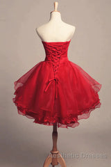 Strapless High Low Red Lace Evening Prom Dresses, High Low Red Homecoming Dresses, Short Red Lace Formal Graduation Evening Dresses