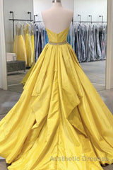 Strapless Open Back Fluffy Yellow Satin Long Evening Prom Dresses, Layered Yellow Formal Evening Dresses