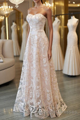 Strapless Pink Lace Long Evening Prom Dresses, Pink Lace Formal Graduation Evening Dresses
