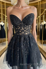 Strapless Short Black Lace Evening Prom Dresses, Short Black Lace Formal Homecoming Dresses