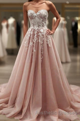 Strapless Sweetheart Neck Pink Lace Appliques Long Evening Prom Dresses, Pink Lace Floral Formal Dresses, Pink Evening Dresses