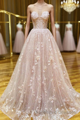 Strapless Sweetheart Neck Pink Lace Long Evening Prom Dresses, Pink Lace Formal Graduation Evening Dresses