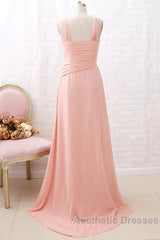 Straps Chiffon Long Bridesmaid Dresses Coral Formal Wedding Party Dresses