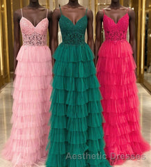 Straps Pink Lace Corset Layered Tulle Formal Dresses