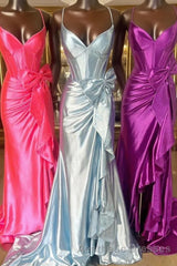 Straps V-Neck Satin Mermaid Evening Prom Dresses with Bow