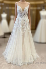 Stunning Long A-Line Spaghetti Straps Appliques Lace Tulle Wedding Dresses