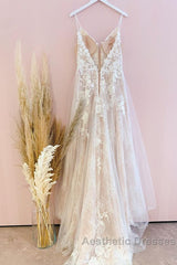 Stunning Long A-Line Spaghetti Straps Tulle Lace Wedding Dresses