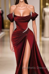 Stunning Off-The-Shoulder Mermaid Evening Prom Dresses Ruffles With High Split