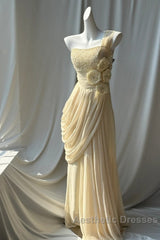 Stunning One Shoulder Beaded Sequin Chiffon Long Evening Prom Dresses Formal Evening Dresses Simple Wedding Dresses