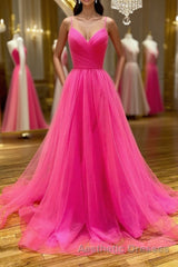 Stylish A Line V Neck Backless Hot Pink Long Evening Prom Dresses, Backless Hot Pink Formal Graduation Evening Dresses