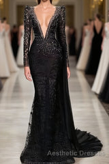 Stylish Black A-line Mermaid Evening Prom Dresses Deep V-Neck Beadings Long Sleeves Evening Prom Dresses