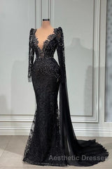 Stylish Black A-line Mermaid Evening Prom Dresses Deep V-Neck Beadings Long Sleeves Evening Prom Dresses