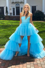 Stylish High Low Strapless Fuchsia Evening Prom Dresses with Ruffles