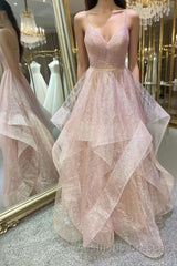 Stylish V Neck Backless Rose Gold Long Evening Prom Dresses, Backless Rose Gold Formal Dresses, Fluffy Rose Gold Evening Dresses