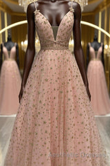 Stylish V Neck Pink Long Evening Prom Dresses with Stars Sequins, Long Pink Formal Evening Dresses