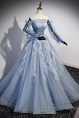 Sweet And Elegant Sky Blue Beaded Sequins Off The Shoulder Long Sleeved Ball Dresses Sky Blue A-Line/Princess Strapless Backless Strap And Ground Length Evening Prom Dresses