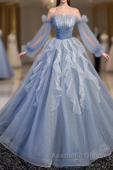 Sweet And Elegant Sky Blue Beaded Sequins Off The Shoulder Long Sleeved Ball Dresses Sky Blue A-Line/Princess Strapless Backless Strap And Ground Length Evening Prom Dresses