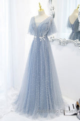 Sweet And Elegant Sky Blue Beaded Short Sleeved Sheer Ball Dresses With Sky Blue A-Shaped Backless Strap And Ground Length Evening Prom Dresses