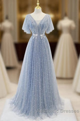 Sweet And Elegant Sky Blue Beaded Short Sleeved Sheer Ball Dresses With Sky Blue A-Shaped Backless Strap And Ground Length Evening Prom Dresses