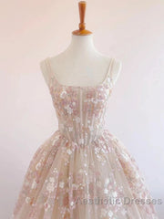 Sweet Light Champagne A-Line Tulle Sequin Applique Long Evening Prom Dresses Evening Prom Dresses Birthday Dresses
