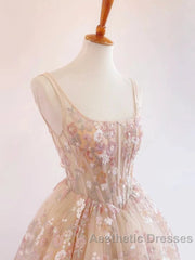 Sweet Light Champagne A-Line Tulle Sequin Applique Long Evening Prom Dresses Evening Prom Dresses Birthday Dresses