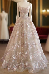 Sweet Light Champagne A-Line Tulle Sequin Applique Long Evening Prom Dresses Evening Prom Dresses Birthday Dresses
