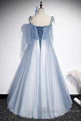 Sweet Sky Blue Thin Shoulder Strap Sleeveless Applique Lace Bead Dresses Dresses With Sky Blue A-Line Glittering Thin Gauze Open Back Strap Long Ruffle Edge Evening Dresses