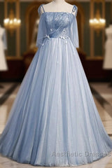 Sweet Sky Blue Thin Shoulder Strap Sleeveless Applique Lace Bead Dresses Dresses With Sky Blue A-Line Glittering Thin Gauze Open Back Strap Long Ruffle Edge Evening Dresses