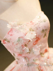 Sweet Strapless Tulle Flower Pink Print Evening Prom Dresses