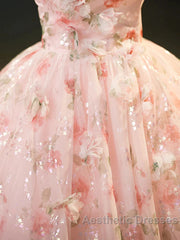 Sweet Strapless Tulle Flower Pink Print Evening Prom Dresses