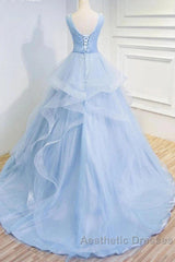 Sweetheart Blue Organza Ballgown V Neck Ruffles Appliques Evening Prom Dresses Beautiful