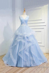 Sweetheart Blue Organza Ballgown V Neck Ruffles Appliques Evening Prom Dresses Beautiful