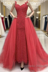 Sweetheart Mermaid Evening Prom Dresses Lace Beaded Removable Skirt