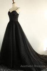 Sweetheart Neck Black Tulle Long Evening Prom Dresses, Thin Straps Black Formal Evening Dresses, Black Ball Gown