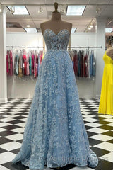 Sweetheart Neck Blue Lace Appliques Long Evening Prom Dresses with Long Sleeves, Blue Lace Floral Formal Graduation Evening Dresses