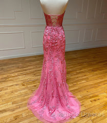 Sweetheart Neck Pink Mermaid Lace Evening Prom Dresses, Pink Mermaid Lace Formal Graduation Dresses