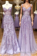 Sweetheart Neck Purple Lace Long Evening Prom Dresses, Strapless Purple Formal Dresses, Mermaid Purple Evening Dresses