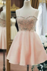 Sweetheart Neck Short Pink Evening Prom Dresses, Short Pink Beaded Homecoming Graduation Dresses