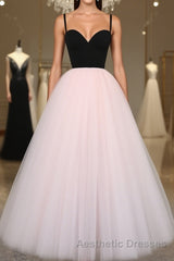 Sweetheart Neck Spaghetti Straps 2 Pieces Black Top Light Pink Long Evening Prom Dresses, Light Pink Formal Dresses, Evening Dresses