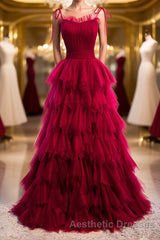 A-Line Long Spaghetti Strap Evening Prom Dresses, Cute Layers Tulle Evening Prom Dresses