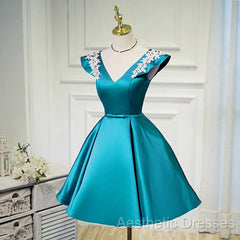 Teal Blue Satin Short Party Dresses With White Lace, Blue Homecoming Dresses Evening Prom Dresses