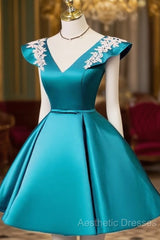 Teal Blue Satin Short Party Dresses With White Lace, Blue Homecoming Dresses Evening Prom Dresses